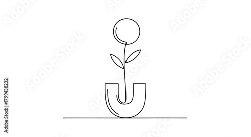 A continuous line drawing of a plant with a circular flower and two leaves growing from a U-shaped pot, symbolizing growth and nature.