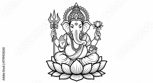 Detailed black and white line art illustration of Hindu god Ganesha sitting on a lotus flower, holding a trident and a lotus, with intricate traditional Indian patterns.
