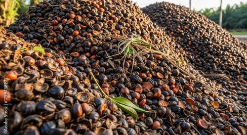 Heap of dried palm fruit shells with small leaves scattered on top