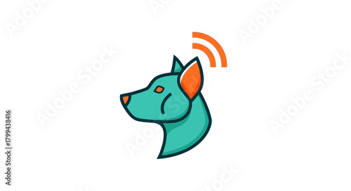 Stylized teal dog head with orange ears and signal waves, representing smart pet technology.