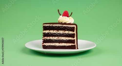 A delicious slice of chocolate cake with cream, raspberry, and chocolate decorations on a white plate against a pastel green background