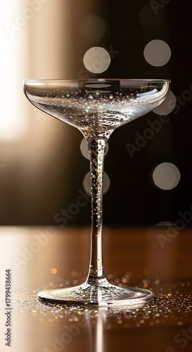 An elegant cocktail glass filled with a sparkling beverage, set against a warm, softly blurred background with bokeh light effects, creating a festive and sophisticated atmosphere