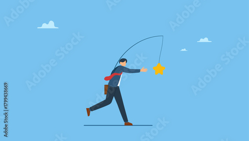 Ambitious businessman running with carrot stick trying to grab star prize award. Motivation to success, incentive or reward to motivate employee, chasing for reward or work success, aspiration.
