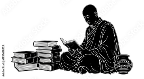 A black and white illustration of a monk sitting cross-legged, engrossed in reading a book, with a stack of books and a decorative pot beside him.