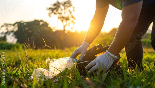 Person in gloves collects plastic bottles in a grassy field at sunset.