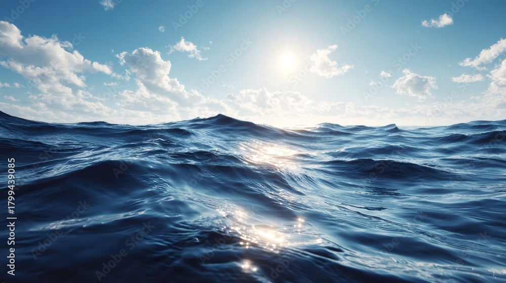Fototapeta premium Deep blue ocean water waves moving under a bright sunny sky with fluffy white clouds, an endless seascape journey