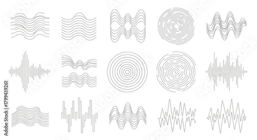 Collection of abstract line art designs, including waves, spirals, and geometric shapes.