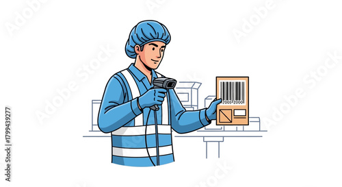 A man in a blue uniform and hairnet scanning a barcode on a package in an industrial setting.