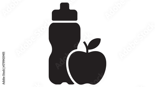 Fitness and nutrition icon featuring a water bottle and apple simple vector glyph for healthy lifestyle apps and websites isolated on white