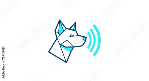 A geometric blue dog head with sound waves emanating from its mouth, symbolizing communication or voice.