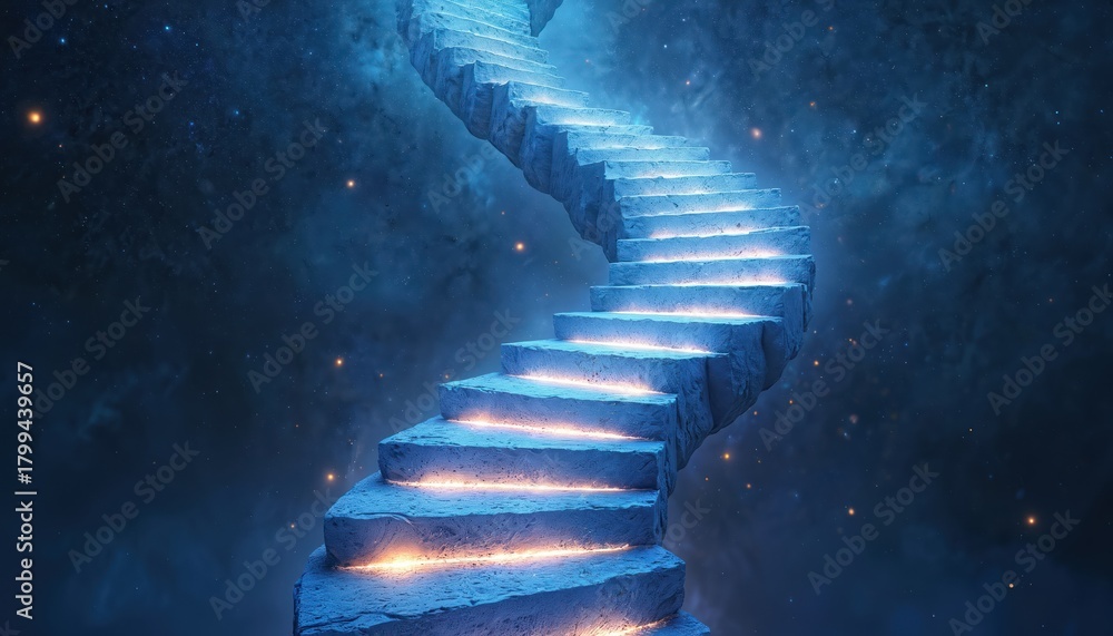 Obraz premium Stone stairs ascend into starry night sky, glowing steps lead into cosmos. Concept for evolution, progress, spiritual journey, inspiration, or future tech.