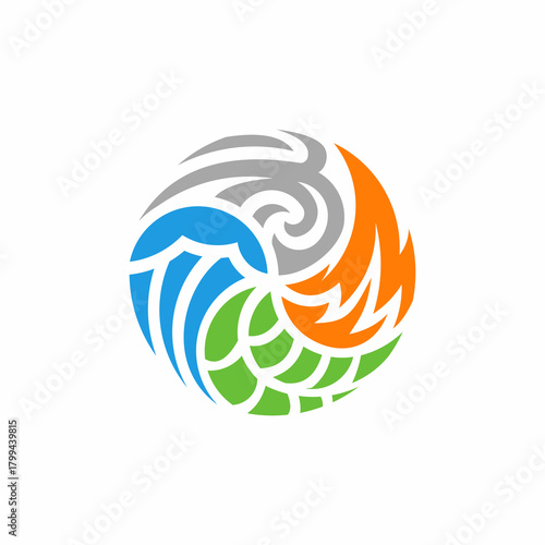 Stylized circular emblem depicting the harmonious balance of the four classical elements water, air, fire, and earth, symbolizing interconnectedness and natural power