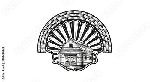 A vintage-style black and white illustration of a rustic barn with sun rays, framed by a decorative shield and a brick arch.