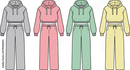 Matching Hoodie and Sweatpants Sets – Front View in Gray, Pink, Mint, and Yellow