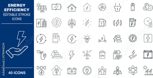 Energy Efficiency and Sustainable Power Vector Icons. Set of 40 line art symbols for renewable sources, smart homes, and eco-tech. Includes solar, wind, and EV charging
