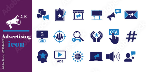 Digital Marketing Tools & Advertising Icons Set, SEO, Targeting, Analytics, Video Ads Vector Collection, vector illustration EPS 10.