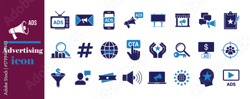 Digital Ads, Communication & Multimedia Icons, Blue Flat Vector Set, vector illustration EPS 10.