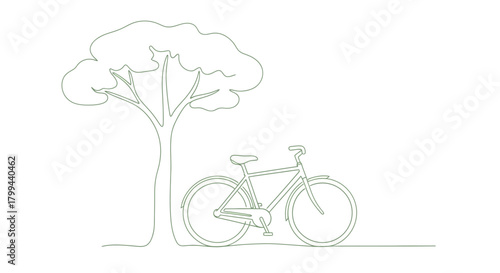Continuous line drawing of a bicycle parked under a tree, symbolizing nature and eco-friendly transport.