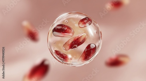 A cluster of glistening pomegranate arils encapsulated within a water droplet, embodying freshness and the essence of the fruit.
