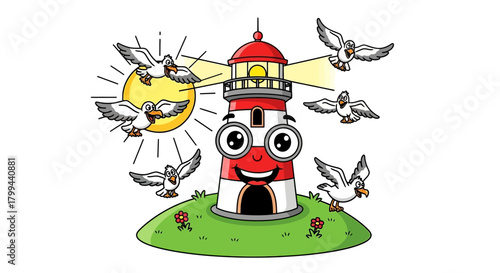 A cheerful cartoon lighthouse with a friendly face, red and white stripes, stands on a green island with flowers, surrounded by flying seagulls and a shining sun.