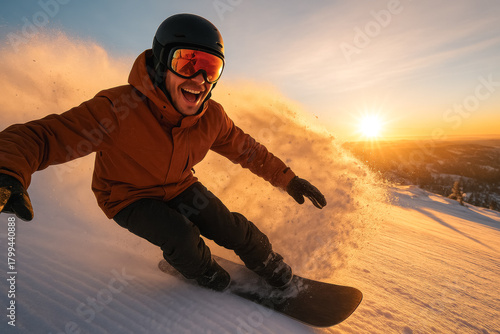 Excited snowboarder carving at sunrise, golden powder spray catching warm light on snowy slope, dynamic winter sports action shot, generative AI