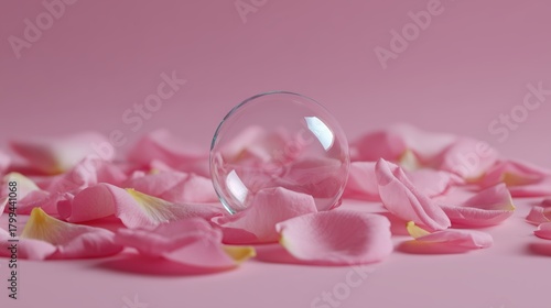An overturned glass nestled among delicate, soft rose petals, capturing a sense of intimacy and floral grace against a muted backdrop.