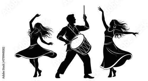 Silhouettes of people dancing and playing a drum, depicting a festive cultural celebration.