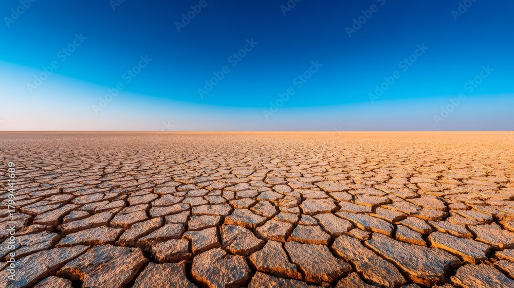 Fototapeta premium Arid cracked earth under a clear blue sky, depicting drought, climate change and desertification