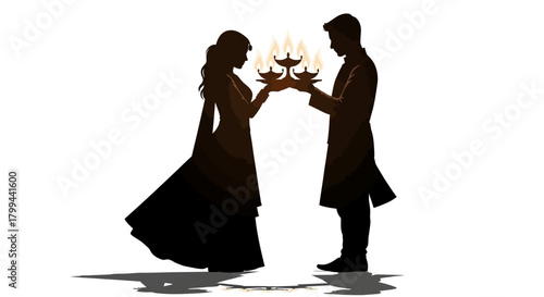 Silhouette of an Indian couple in traditional attire holding lit diyas for a festive celebration on a white background.