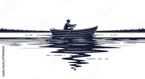 A minimalist illustration of a person rowing a boat on a calm lake with reflections and a distant treeline.