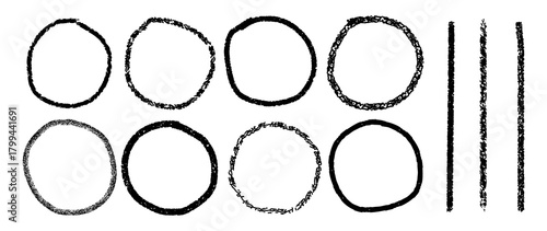 Hand Drawn Enso Circle Brushstrokes. Asian Calligraphy Lines, Grungy Borders & Abstract Artistic Elements on White Background