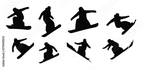 collection of snowboarder silhouettes isolated on white