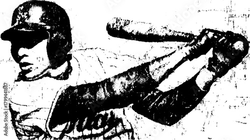 Baseball player swinging bat in dynamic action pose. Monochrome vector illustration capturing the essence of the sport.