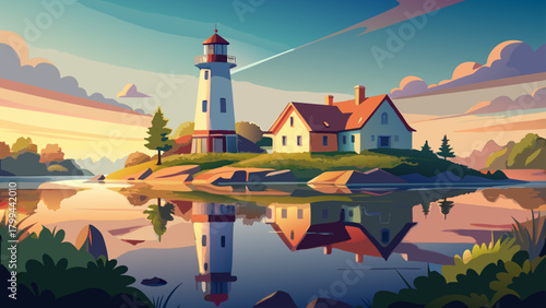 Very beautiful Cape May lighthouse reflecting softly in a tranquil pond, surrounded by peaceful coastal greenery and gentle natural light creating a serene, timeless atmosphere.