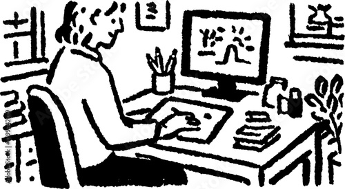 Artist using a tablet and computer for drawing at a desk. Black and white vector illustration depicting a creative workspace set.
