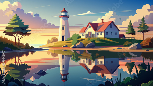 Very beautiful Cape May lighthouse reflecting softly in a tranquil pond, surrounded by peaceful coastal greenery and gentle natural light creating a serene, timeless atmosphere.