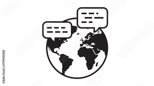 Global communication vector icon featuring speech bubbles above a world globe simple flat design for websites and presentations