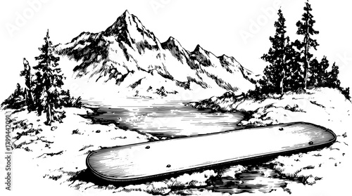 Engraving of a skateboard in a rugged mountain landscape. Vintage line illustration with nature elements like trees and a river in black and white vector style.
