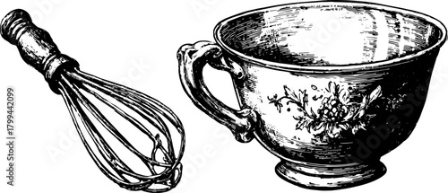 Vintage illustration of a kitchen bowl and whisk engraving. Detailed vector design showcasing kitchenware in a classic style.