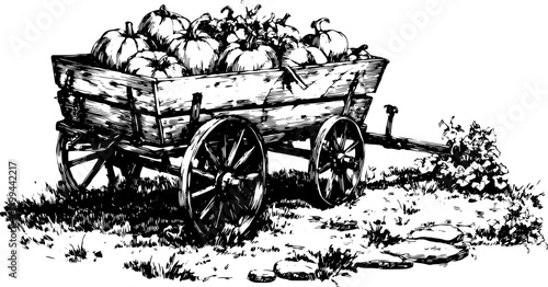 Vintage wagon filled with pumpkins in a line drawing style. Vector illustration showcasing harvest and agricultural themes.