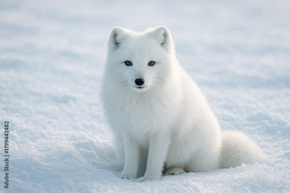 Naklejka premium Cute white arctic fox sitting calmly on snowy field, minimal winter wildlife scene highlighting polar adaptation and fragile nature – generative AI