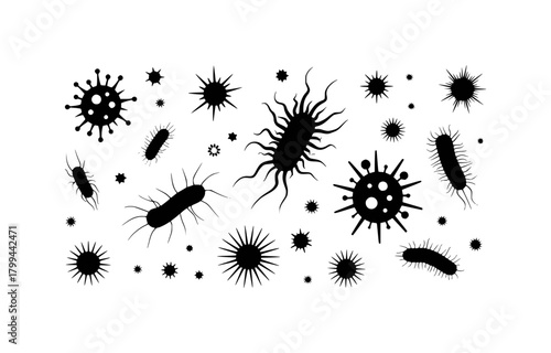 Black and white illustration of various bacteria and viruses on a white background