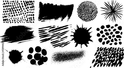 Collection of black spray paint strokes and textures. Various patterns in a vector illustration set for graphic design.