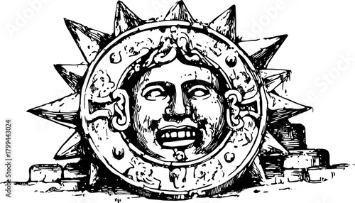 Vintage engraving illustration of a decorative face with an ornate shield outline. This detailed artwork showcases a unique vector design.