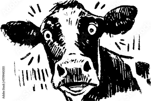 Cartoon cow illustration in bold black and white style. Fun vector art featuring an expressive face and simple graphic design set.