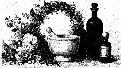 Vintage engraving of a mortar and pestle with bottles and flowers. Black-and-white vector illustration reflecting traditional medicinal practices.
