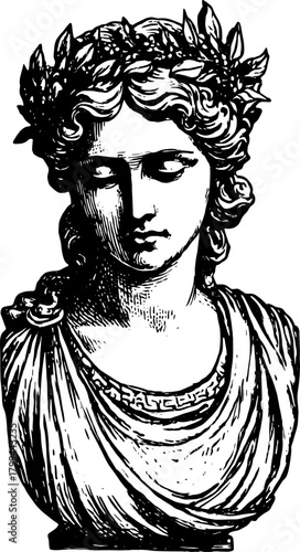 Goddess bust sculpture in detailed grayscale. This classical vector illustration showcases an ancient figure in ornate drapery.