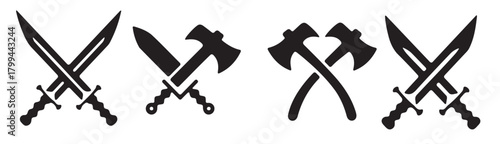 crossed swords and axes silhouette graphic set .