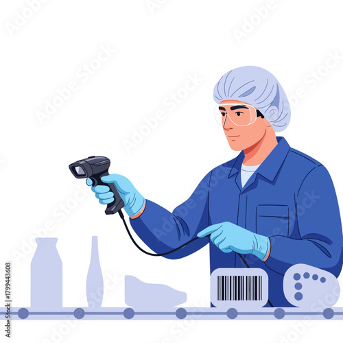 A worker in a cleanroom environment scanning a barcode on a product on a conveyor belt for quality control.