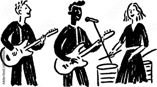 Musicians performing live with guitars and drums in a black and white vector illustration. Simple art depicting a band in a set performance.